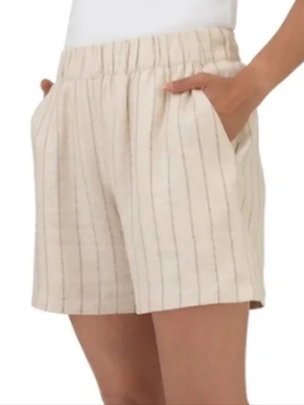 BLANKNYC Linen Blend Striped Shorts Drawstring Waist Pockets Size Large Classic